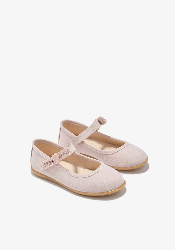 Pink ultrasuede mary janes with crystals