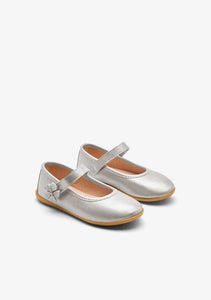 Silver leather mary janes with flower detail