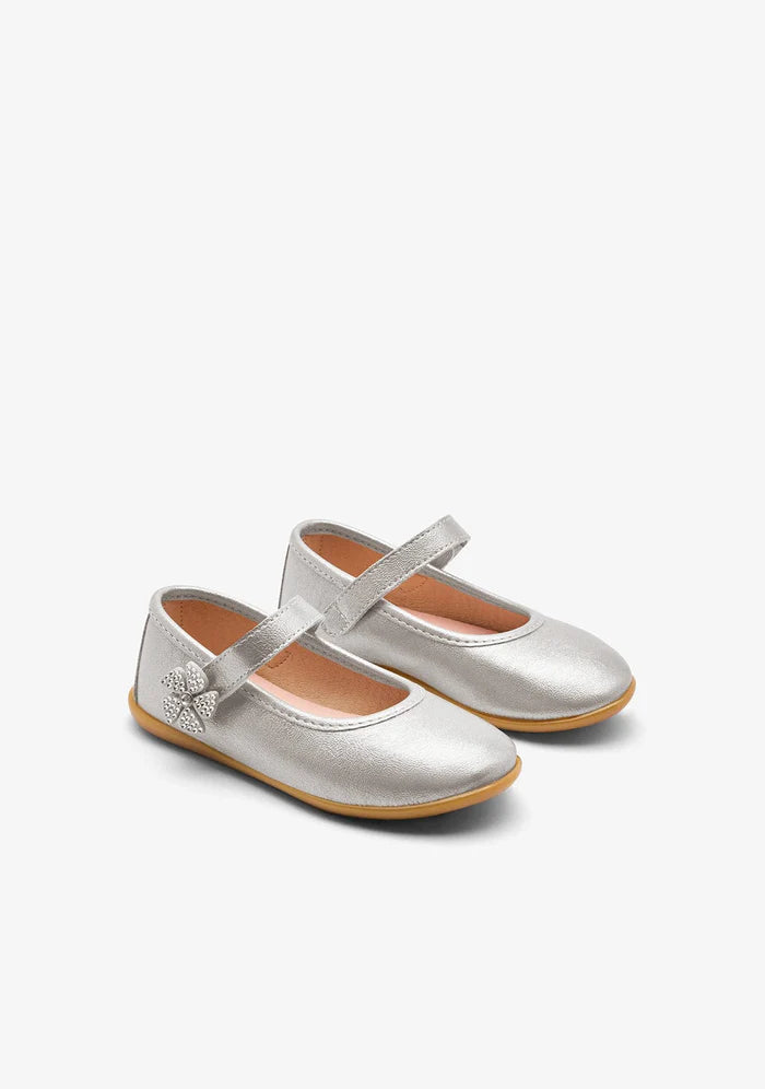 Silver leather mary janes with flower detail