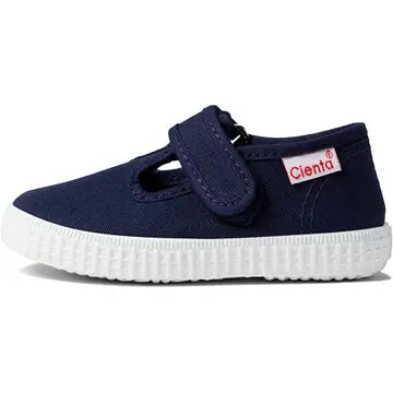 Navy blue canvas velcro t-strap shoe
