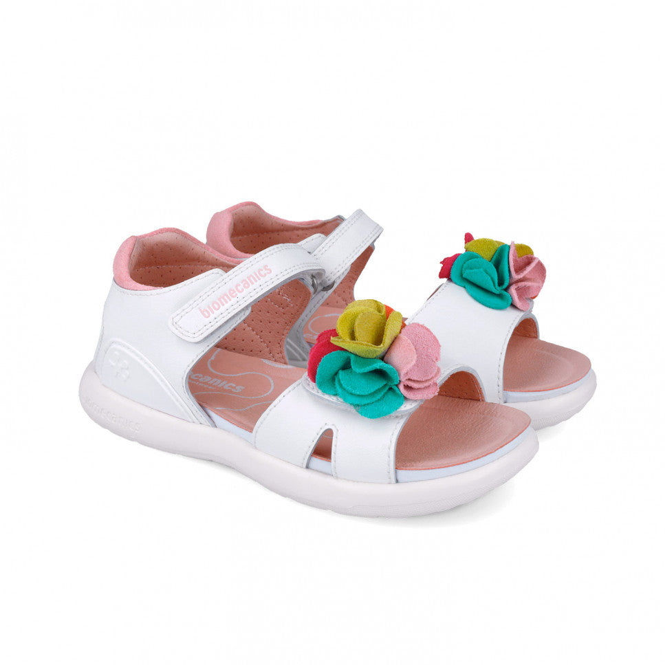 White leather sandal with multicolor flower detail