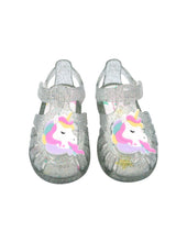 Load image into Gallery viewer, Tobby clear multi glitter unicorn jellie sandal
