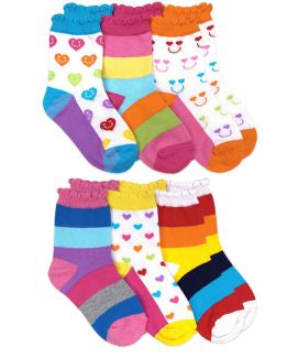 Rainbow Stripes Hearts Smiley Face Crew Socks 6 Pair Pack