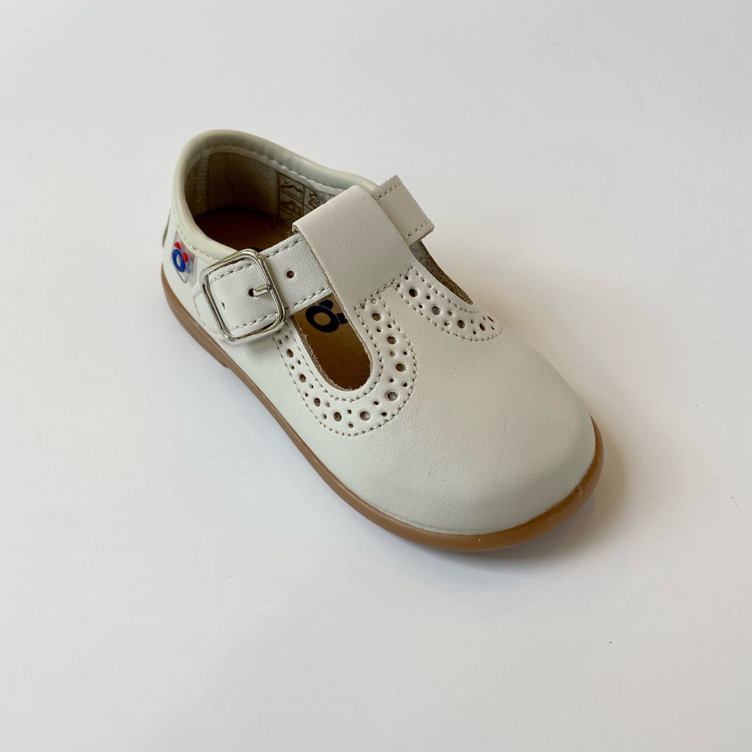 Beige tstrap leather shoe with dots details