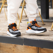 Load image into Gallery viewer, Gray/black/red high top sneakers with velcro closure

